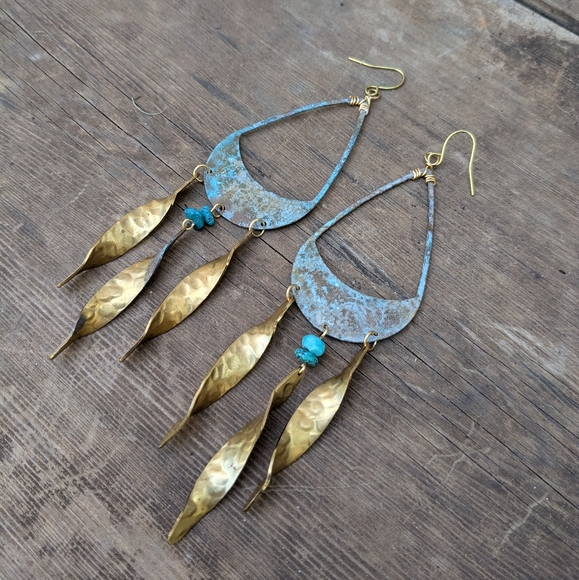 Rustic Large Statement Chandelier Turquoise Earrings - Picture 7 of 15
